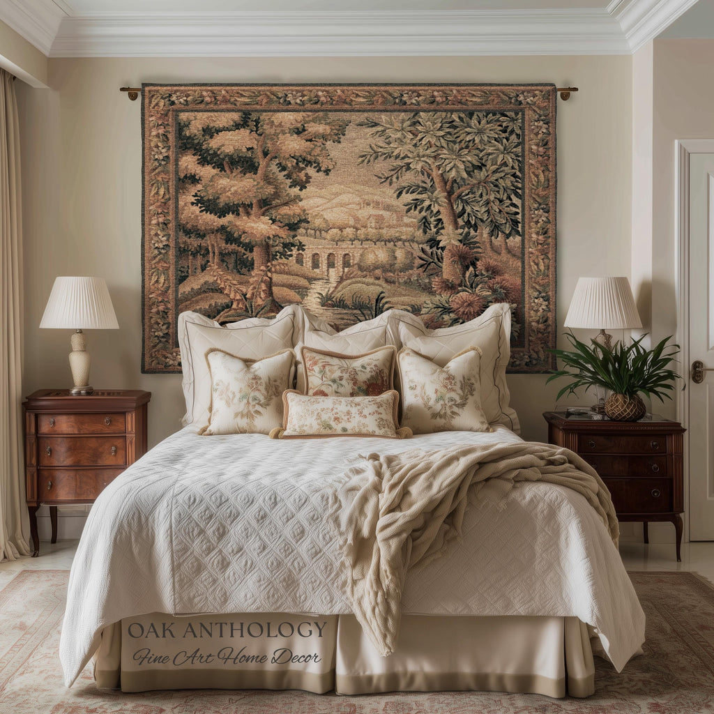 Rustic Aqueduct Landscape Aubusson Verdure Tapestry, French Countryside Traditional Influence Heirloom Throw Blanket Woven Woodland Wall Art