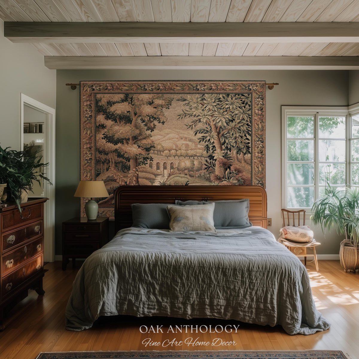 Rustic Aqueduct Landscape Aubusson Verdure Tapestry, French Countryside Traditional Influence Heirloom Throw Blanket Woven Woodland Wall Art