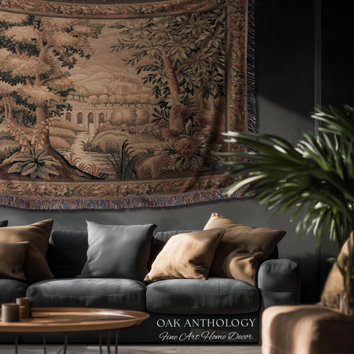 Rustic Aqueduct Landscape Aubusson Verdure Tapestry, French Countryside Traditional Influence Heirloom Throw Blanket Woven Woodland Wall Art