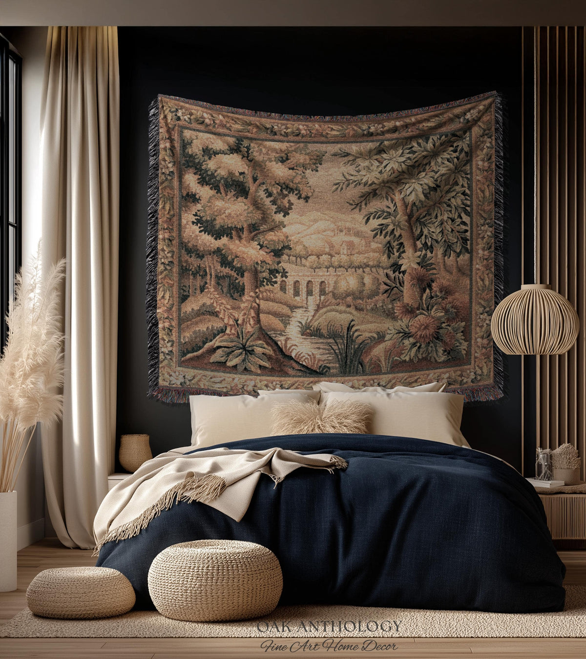Rustic Aqueduct Landscape Aubusson Verdure Tapestry, French Countryside Traditional Influence Heirloom Throw Blanket Woven Woodland Wall Art