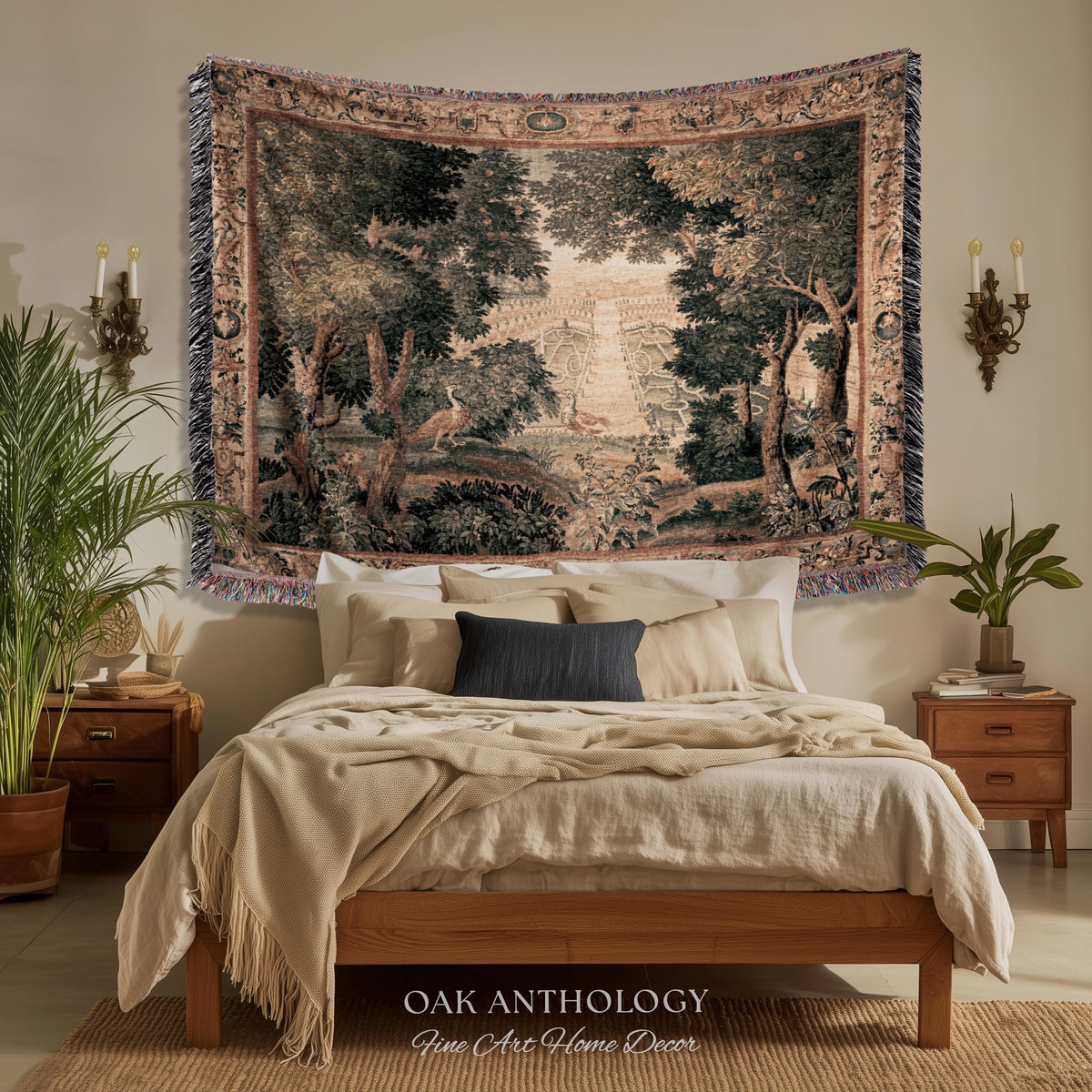 Heritage Parterre Artwork Elegant Tapestry, Old World European Villa Garden Woven Throw Blanket 18th Century Verdure Botanical Chateau Style