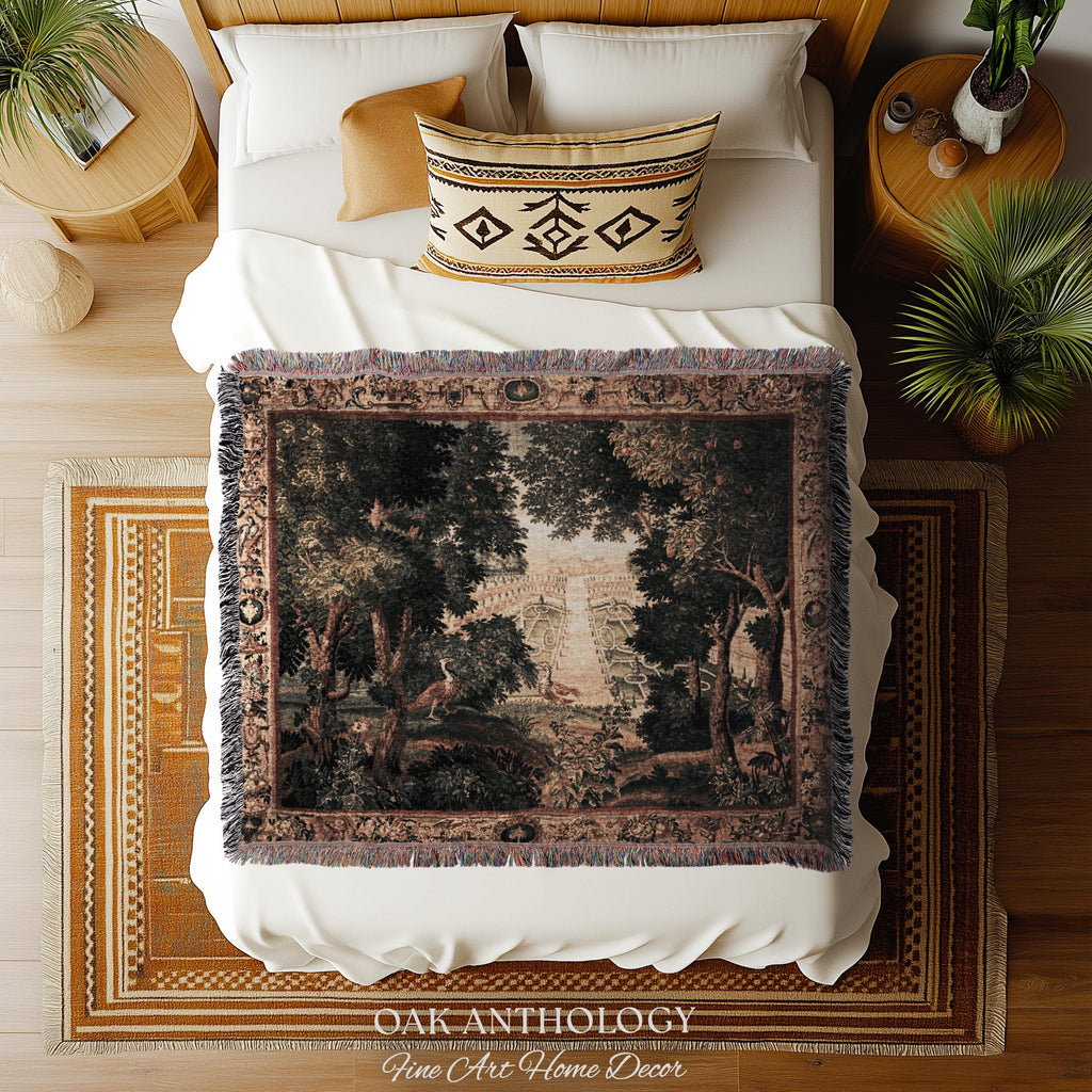 Heritage Parterre Artwork Elegant Tapestry, Old World European Villa Garden Woven Throw Blanket 18th Century Verdure Botanical Chateau Style