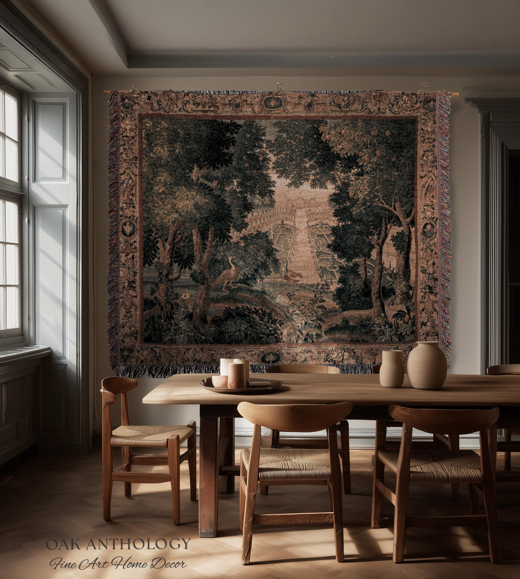 Heritage Parterre Artwork Elegant Tapestry, Old World European Villa Garden Woven Throw Blanket 18th Century Verdure Botanical Chateau Style
