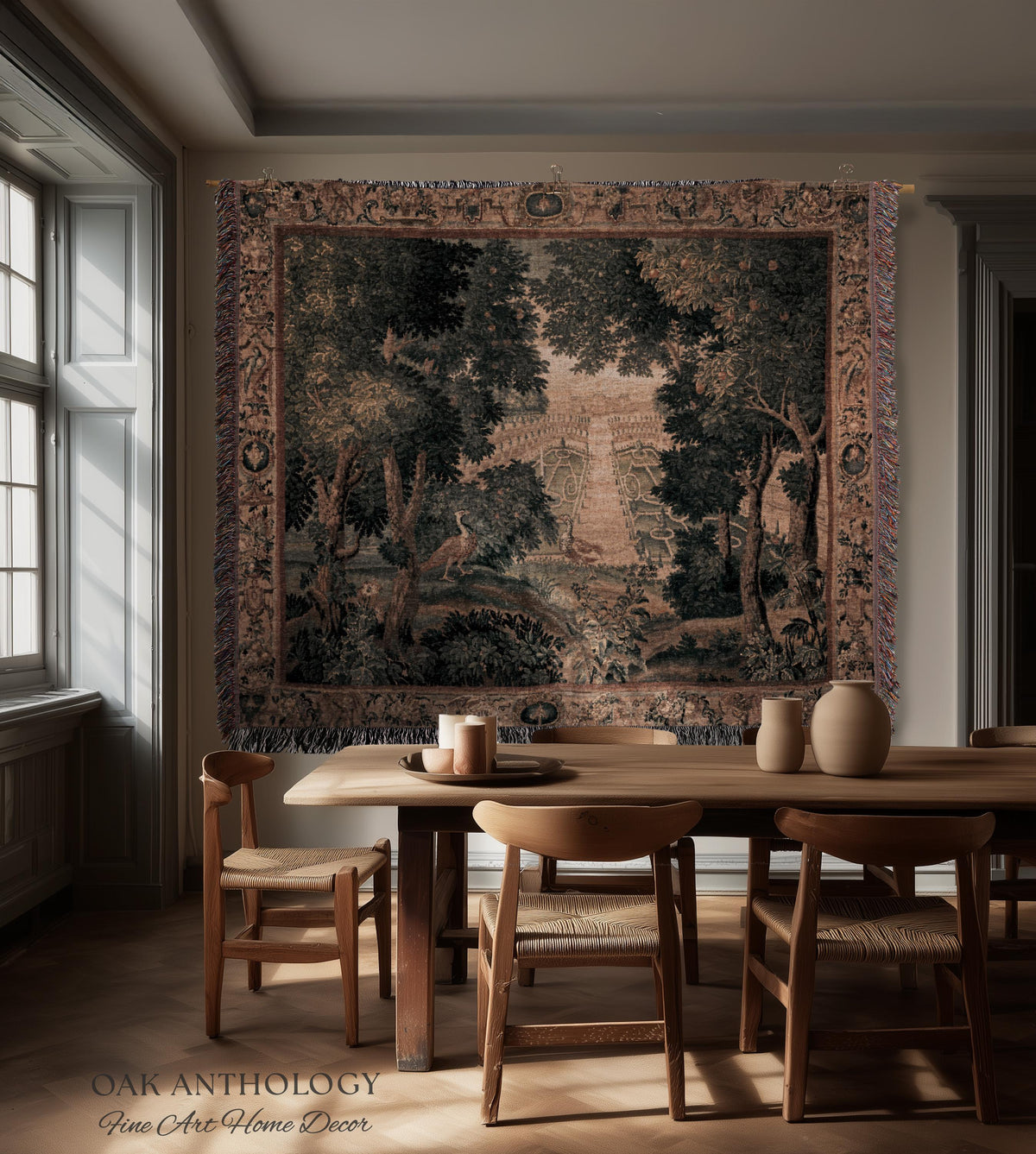 Heritage Parterre Artwork Elegant Tapestry, Old World European Villa Garden Woven Throw Blanket 18th Century Verdure Botanical Chateau Style