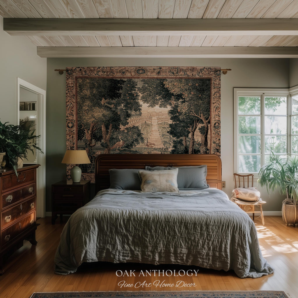 Heritage Parterre Artwork Elegant Tapestry, Old World European Villa Garden Woven Throw Blanket 18th Century Verdure Botanical Chateau Style