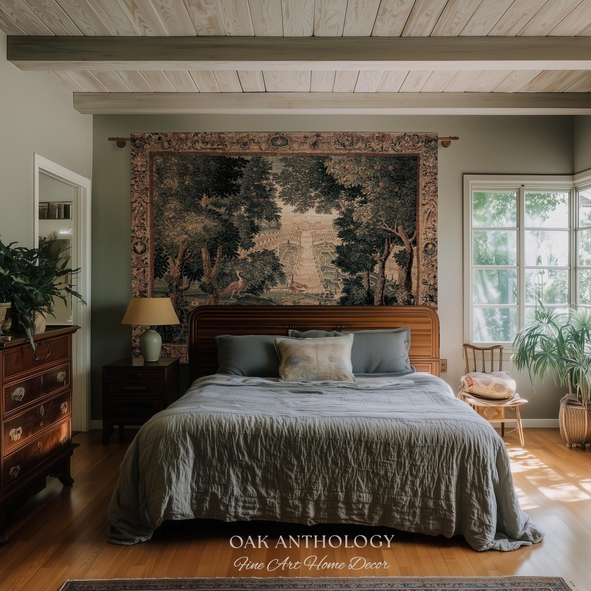 Heritage Parterre Artwork Elegant Tapestry, Old World European Villa Garden Woven Throw Blanket 18th Century Verdure Botanical Chateau Style