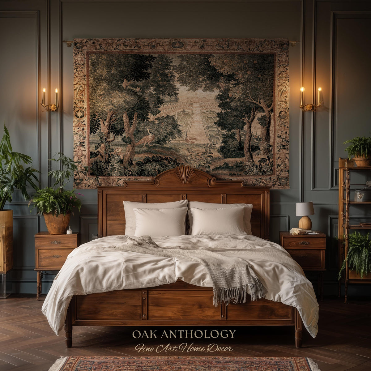Heritage Parterre Artwork Elegant Tapestry, Old World European Villa Garden Woven Throw Blanket 18th Century Verdure Botanical Chateau Style