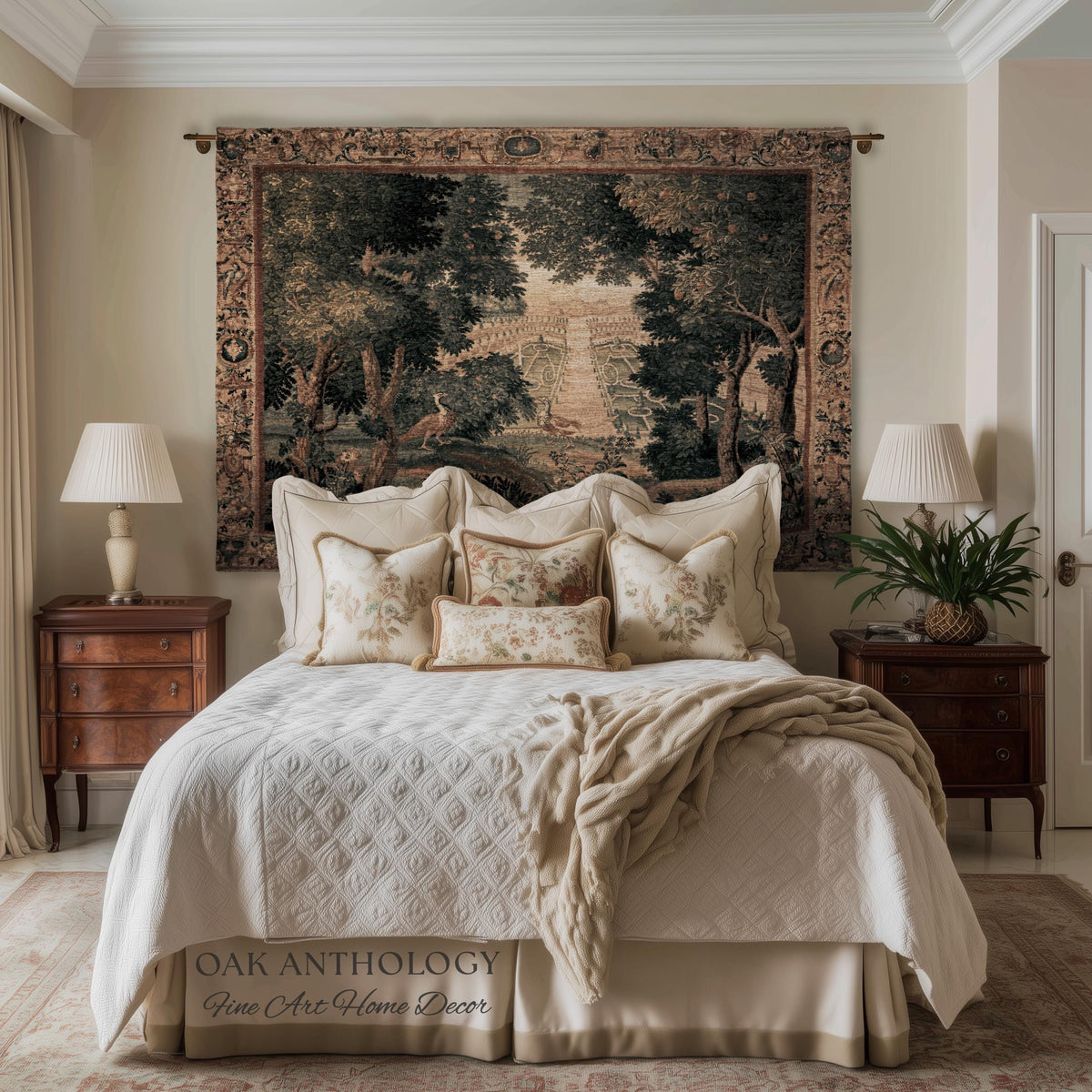 Heritage Parterre Artwork Elegant Tapestry, Old World European Villa Garden Woven Throw Blanket 18th Century Verdure Botanical Chateau Style