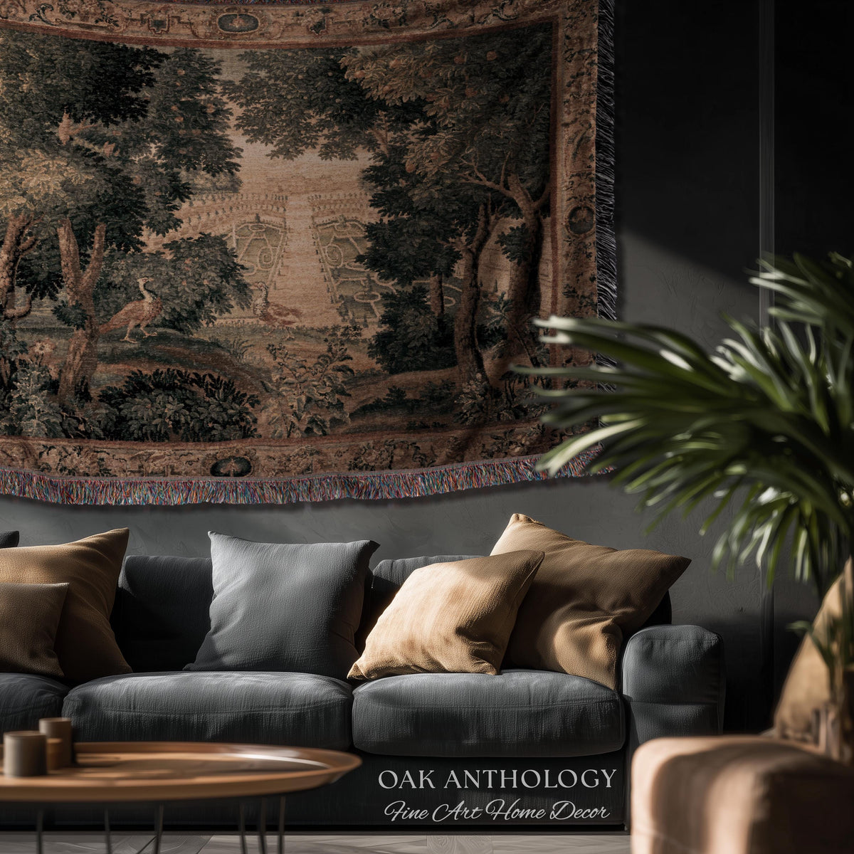 Heritage Parterre Artwork Elegant Tapestry, Old World European Villa Garden Woven Throw Blanket 18th Century Verdure Botanical Chateau Style