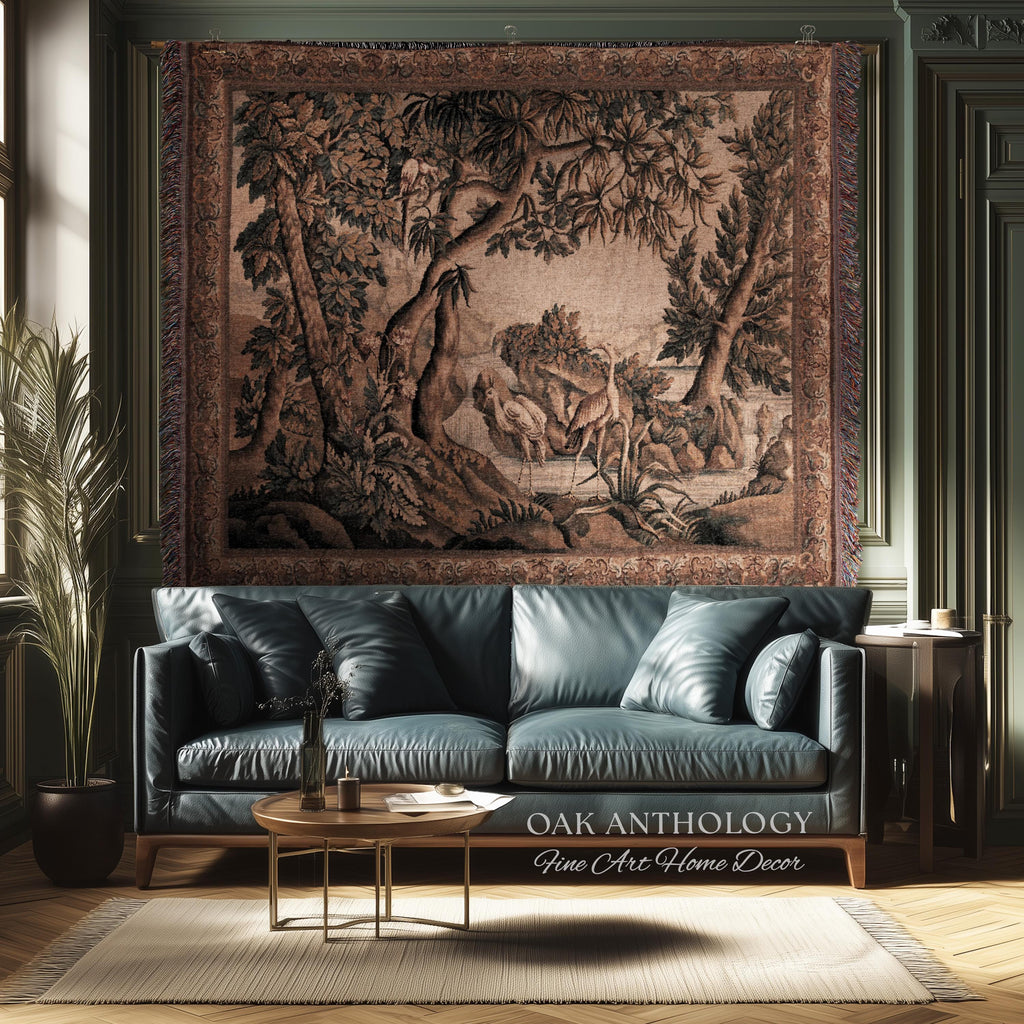 Traditional Woven French Verdure Birds Tapestry, Timeless European Wall Art Naturalist 18th Century Heron Landscape Romantic Old World Decor
