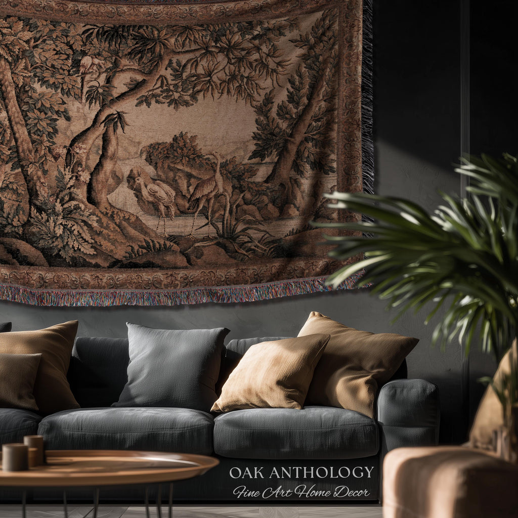 Traditional Woven French Verdure Birds Tapestry, Timeless European Wall Art Naturalist 18th Century Heron Landscape Romantic Old World Decor