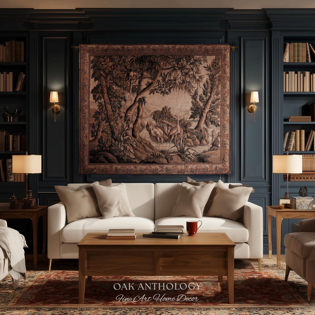 Traditional Woven French Verdure Birds Tapestry, Timeless European Wall Art Naturalist 18th Century Heron Landscape Romantic Old World Decor