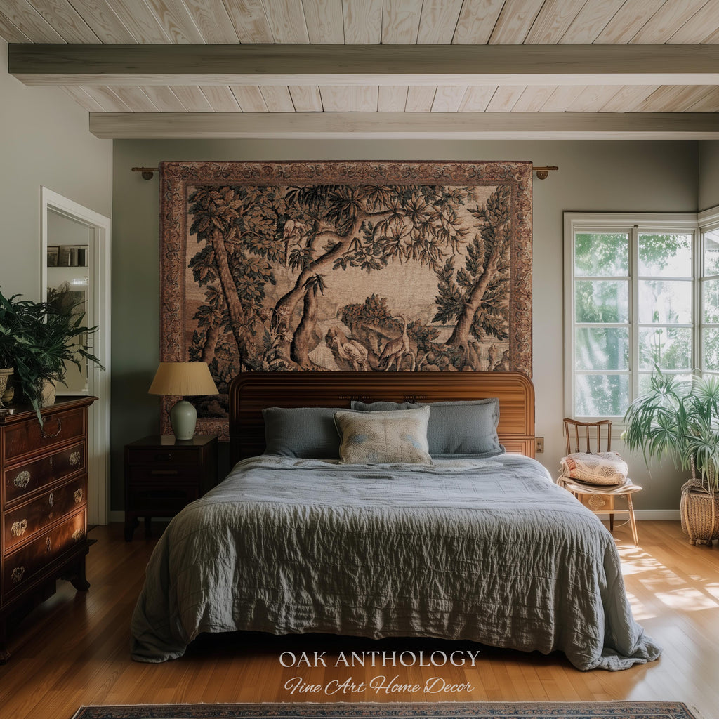 Traditional Woven French Verdure Birds Tapestry, Timeless European Wall Art Naturalist 18th Century Heron Landscape Romantic Old World Decor