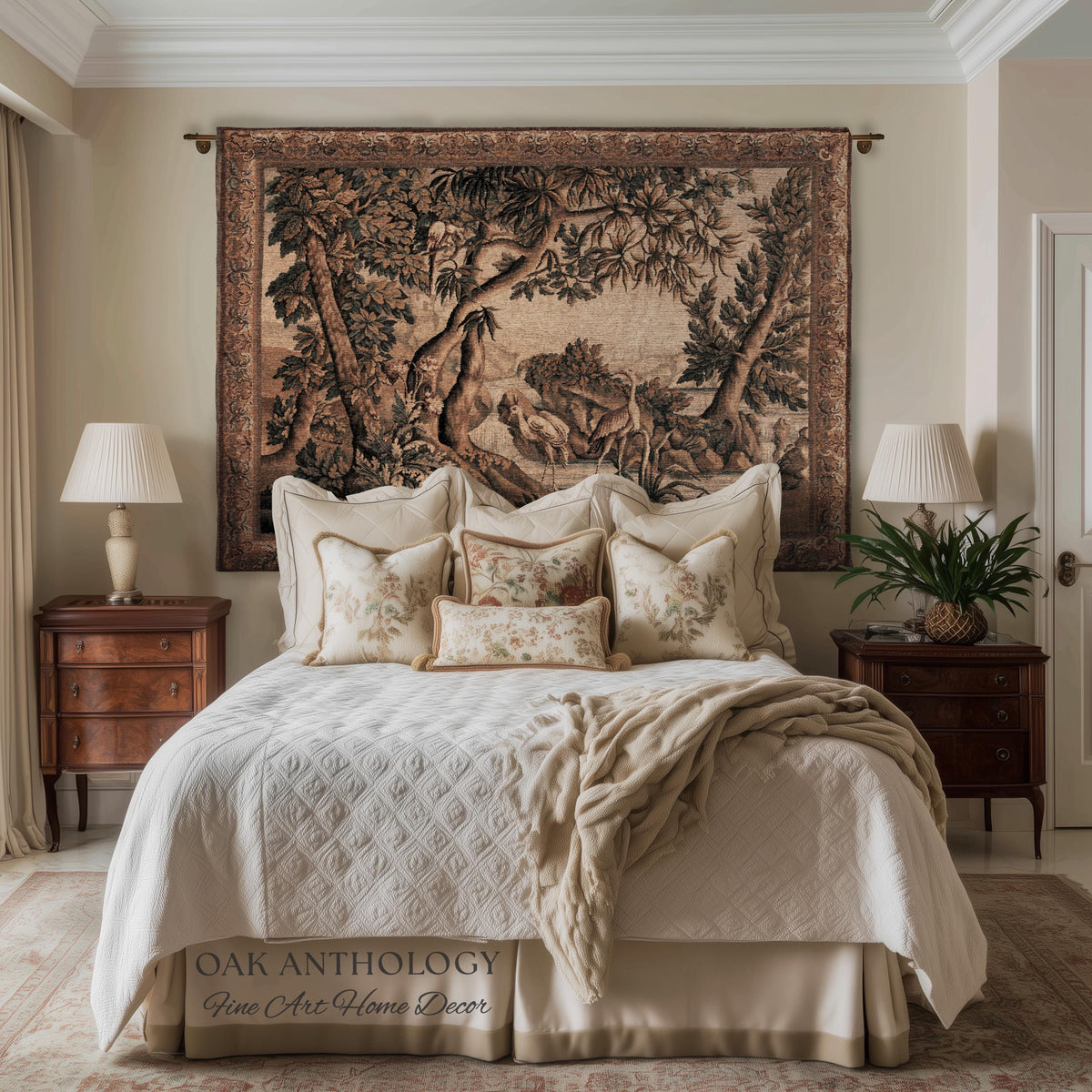 Traditional Woven French Verdure Birds Tapestry, Timeless European Wall Art Naturalist 18th Century Heron Landscape Romantic Old World Decor