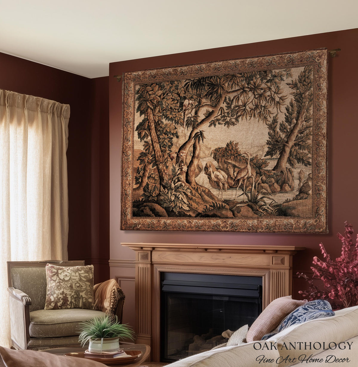 Traditional Woven French Verdure Birds Tapestry, Timeless European Wall Art Naturalist 18th Century Heron Landscape Romantic Old World Decor