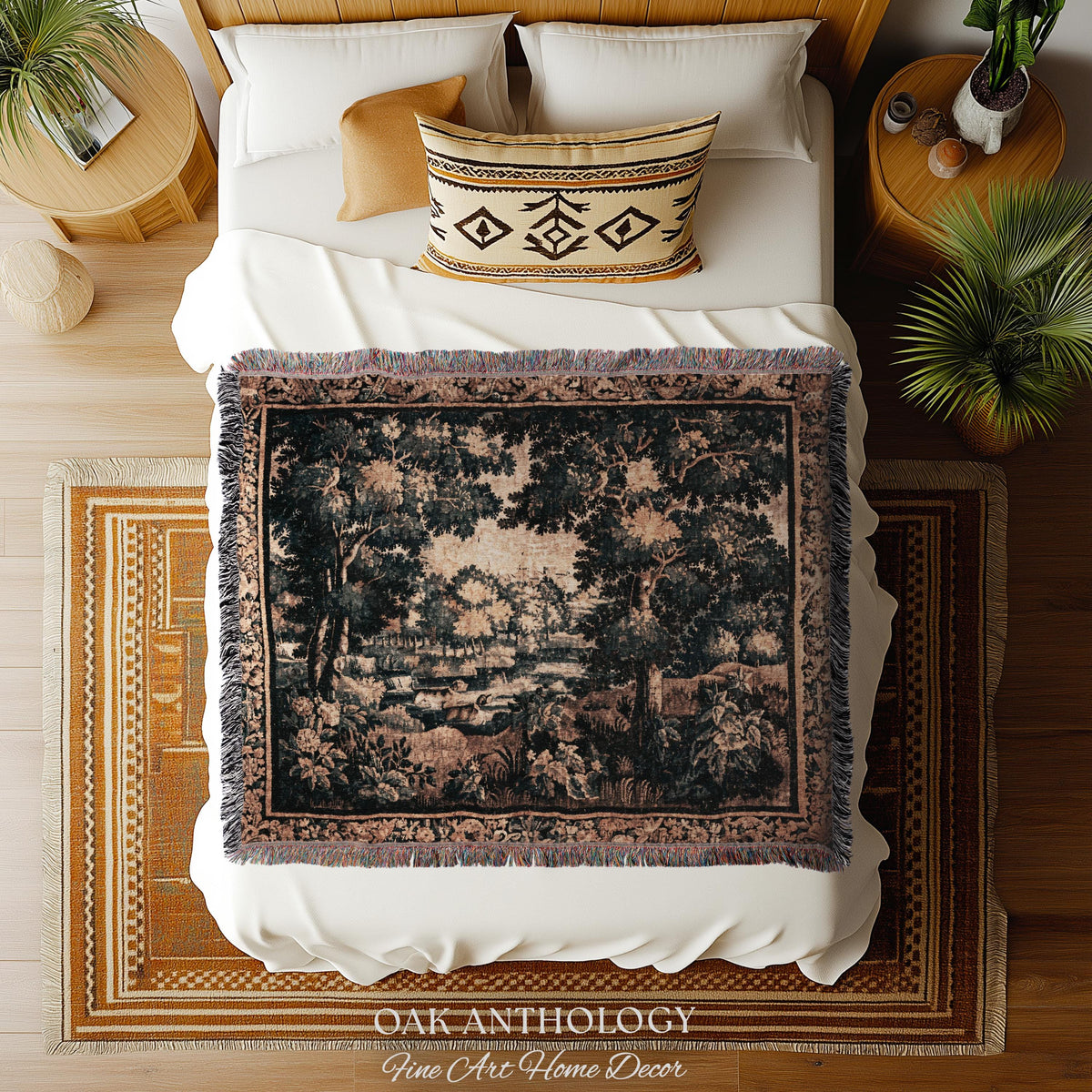 Wooded Waterway Elegant European Scenery Heritage Landscape Tapestry | Rustic Elegance Woodland Riverbank Art Traditional Woven Wall Hanging