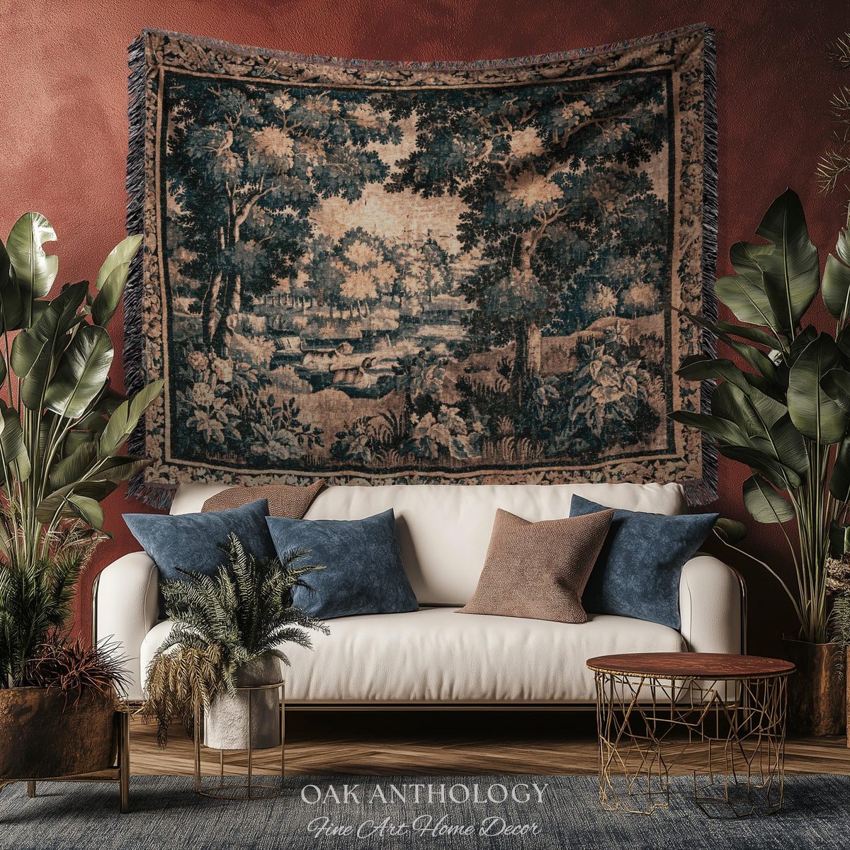 Wooded Waterway Elegant European Scenery Heritage Landscape Tapestry | Rustic Elegance Woodland Riverbank Art Traditional Woven Wall Hanging