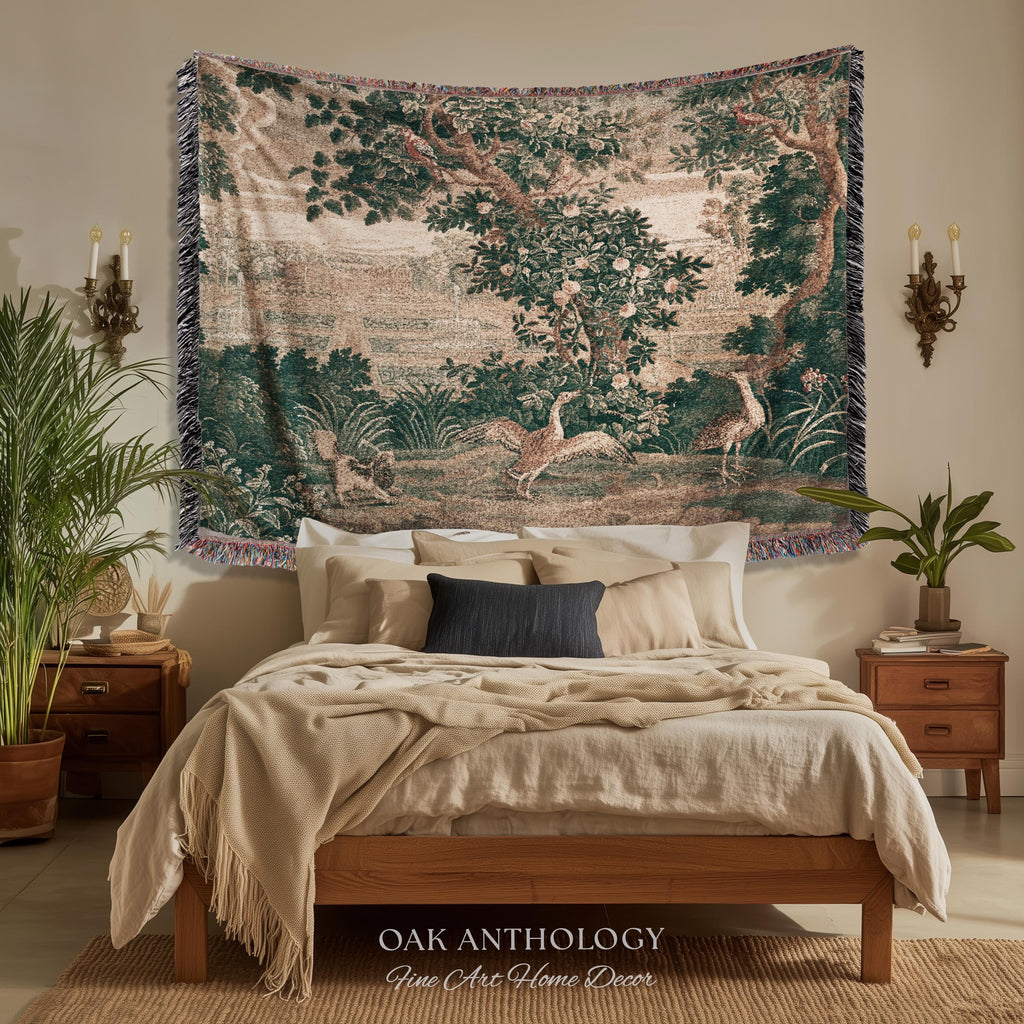 18th Century French Château Garden Tapestry Verdure Landscape with Exotic Birds | Antique Rococo Reproduction Textile Heritage Wall Decor