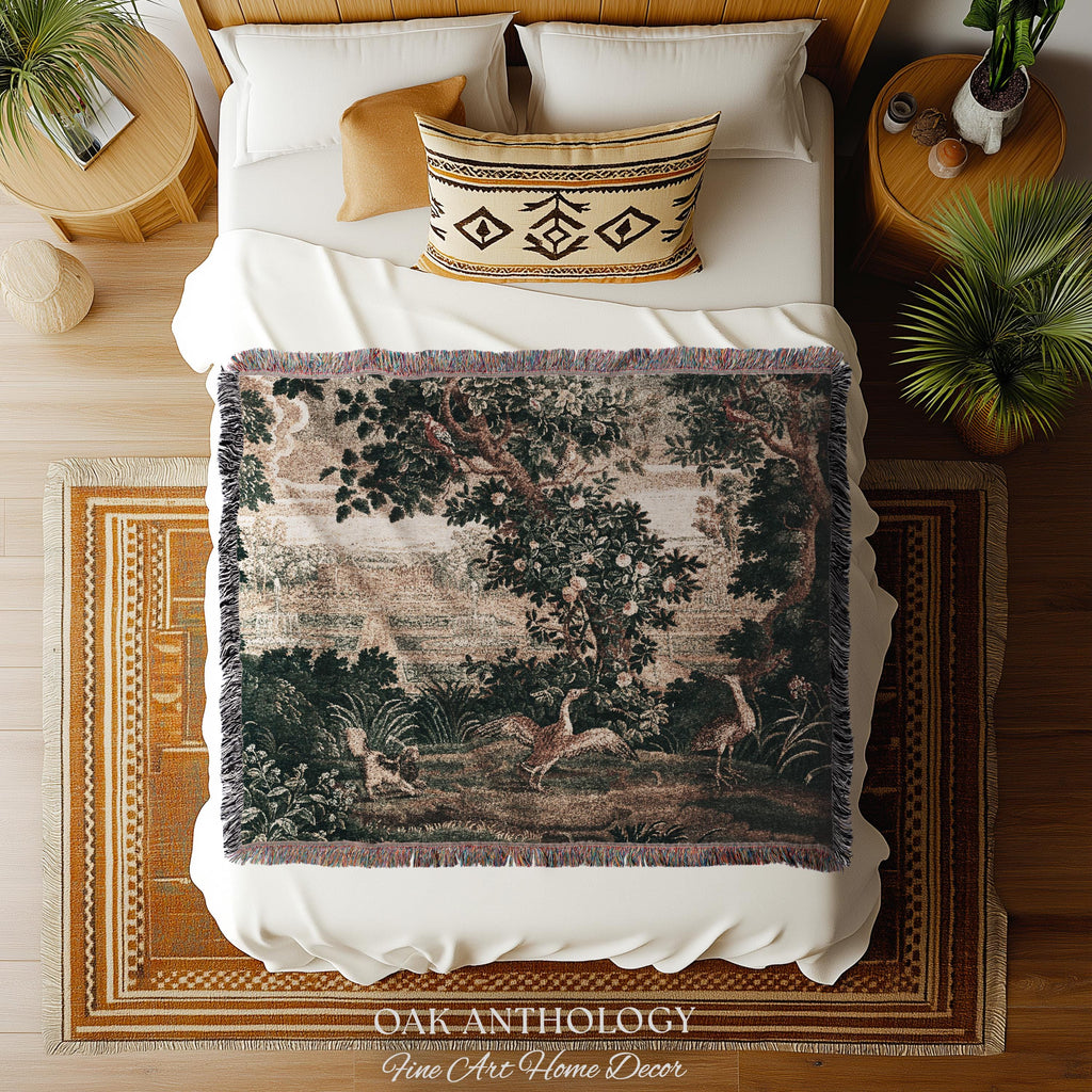 18th Century French Château Garden Tapestry Verdure Landscape with Exotic Birds | Antique Rococo Reproduction Textile Heritage Wall Decor