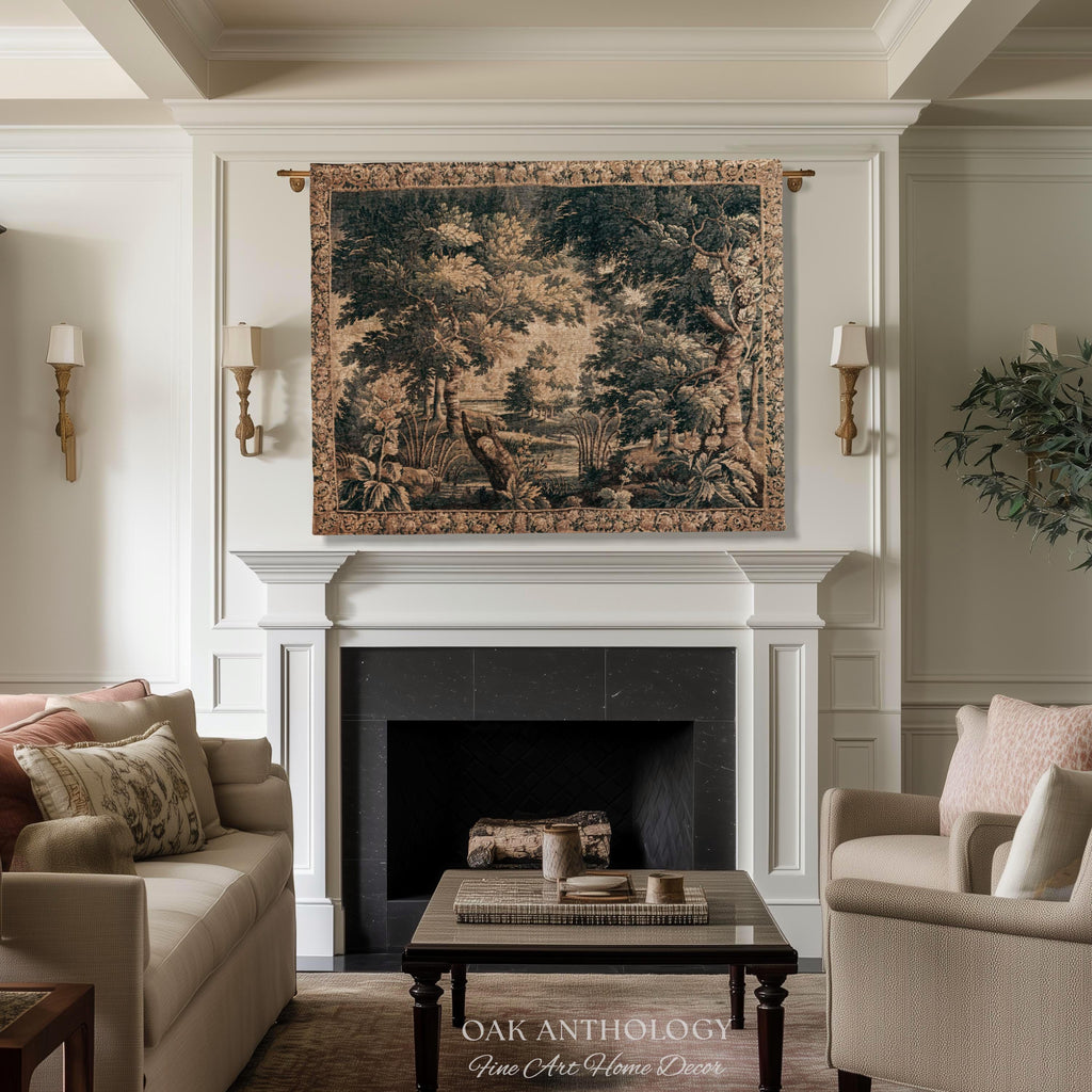 Antique European Lake Scene Tapestry Woven Woodland Verdure Wall Hanging | Classical Elegance Forest Throw Old World Jacquard Textile Art