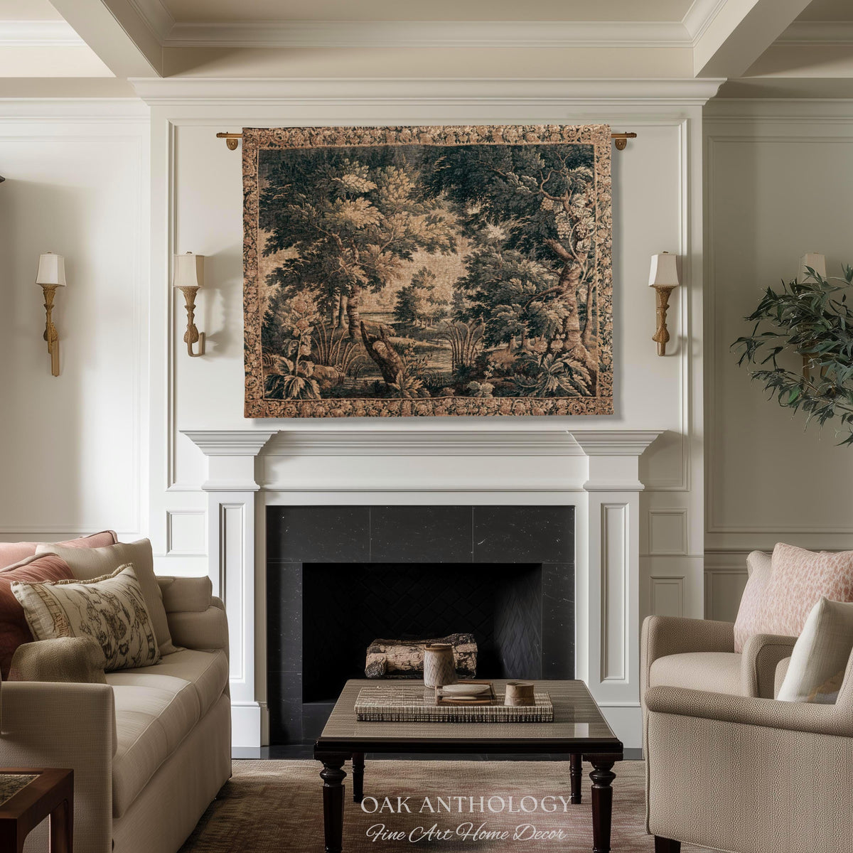Antique European Lake Scene Tapestry Woven Woodland Verdure Wall Hanging | Classical Elegance Forest Throw Old World Jacquard Textile Art