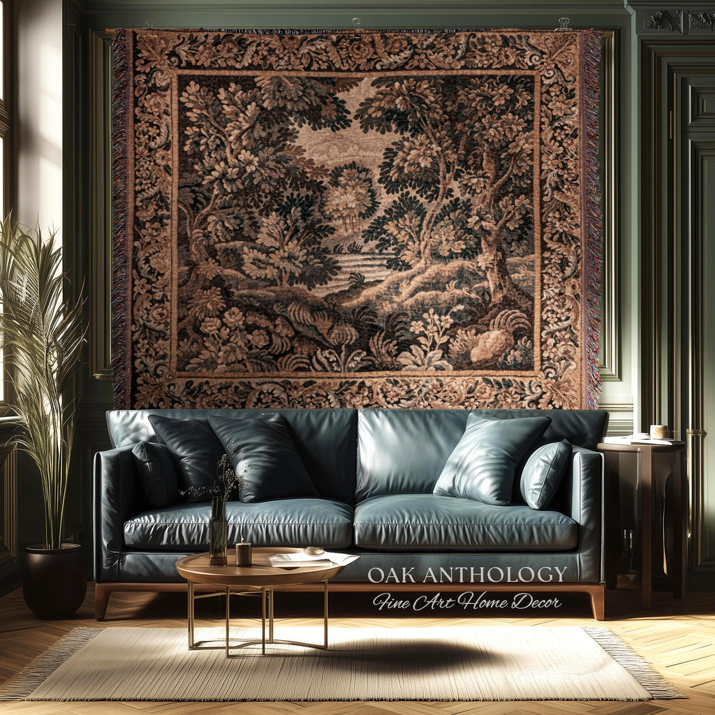 Woodland Waterscape Old World Traditional Tapestry Throw | Moody Antique Lake Scene Golden Verdure Rustic Elegance Woven Wall Hanging Art