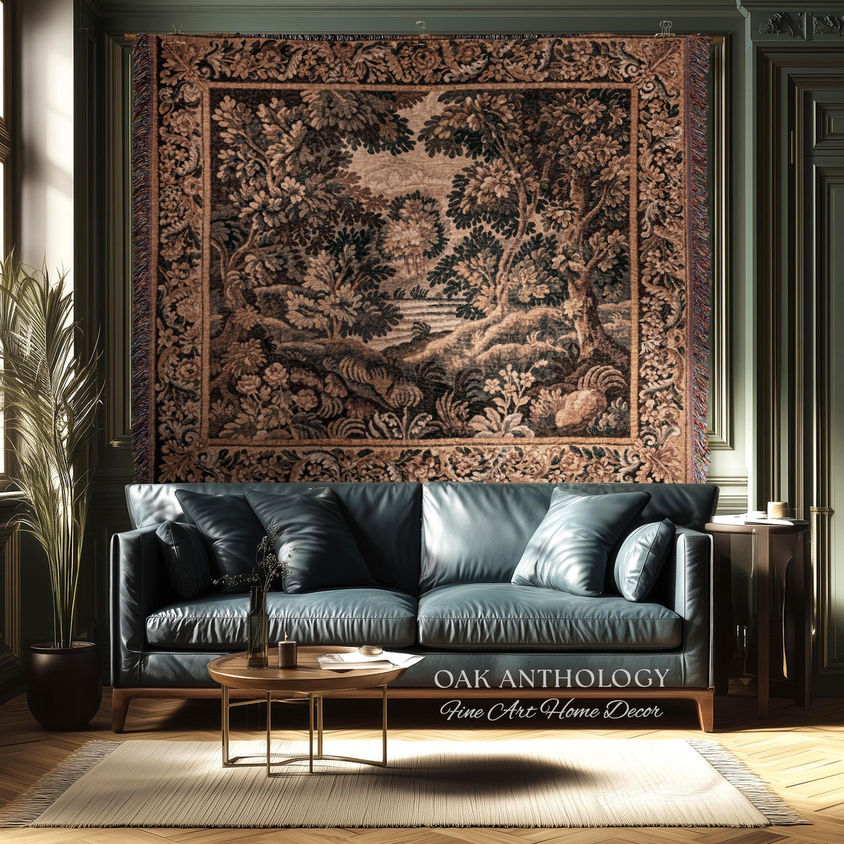Woodland Waterscape Old World Traditional Tapestry Throw | Moody Antique Lake Scene Golden Verdure Rustic Elegance Woven Wall Hanging Art