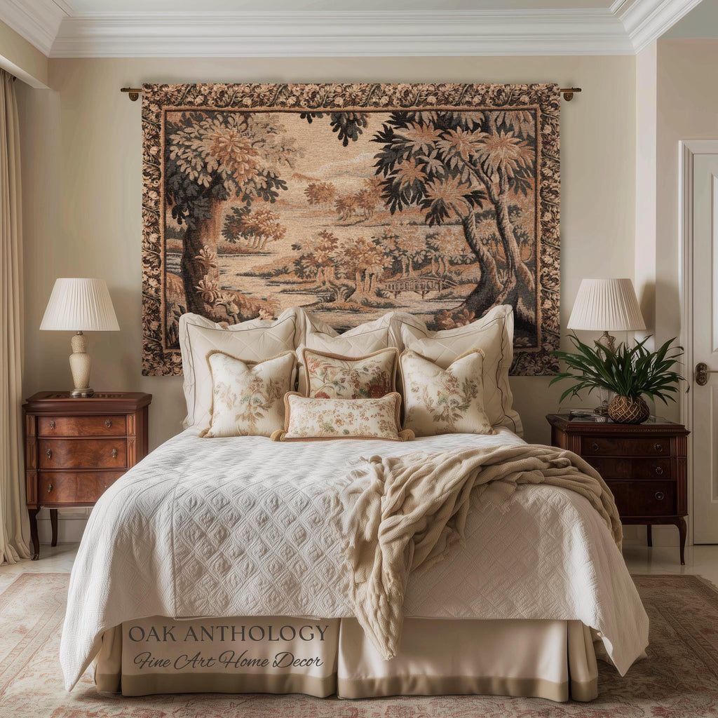 Flemish Landscape Aubusson Style Tapestry | Pastoral Woodland River Jacquard Woven Throw European Vintage Wall Art Acanthus Floral Historic