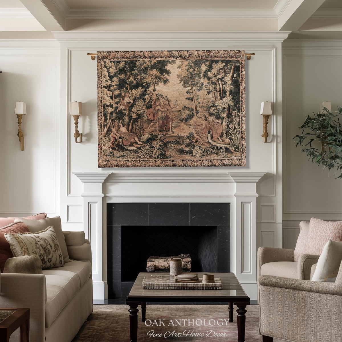 Mythological Forest Verdure Woven Tapestry | Woodland Nymph Traditional Baroque Jacquard Woven Throw Vintage Renaissance Style Wall Textile