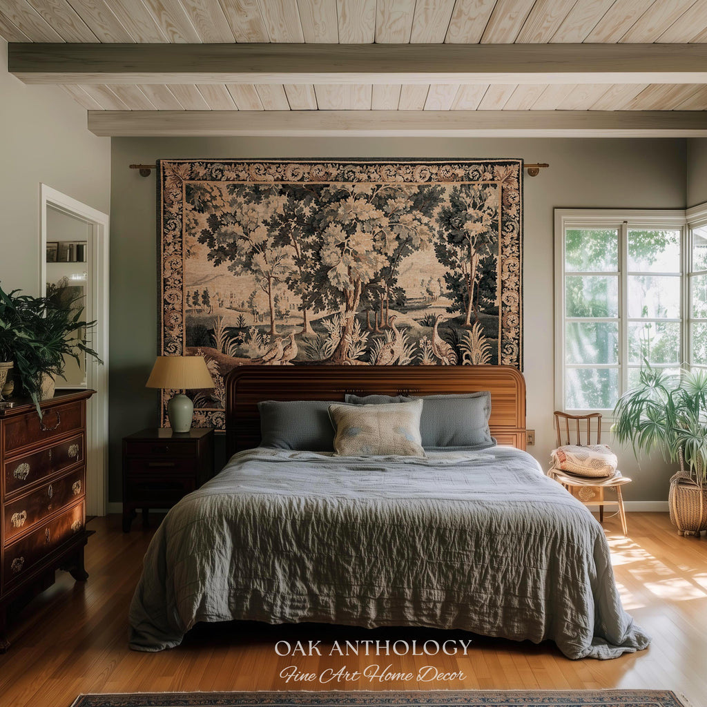 Ornamental Birds European Marsh Landscape Tapestry | Old World French Country Aubusson Woodland Woven Throw Traditional Verdure Textile Art
