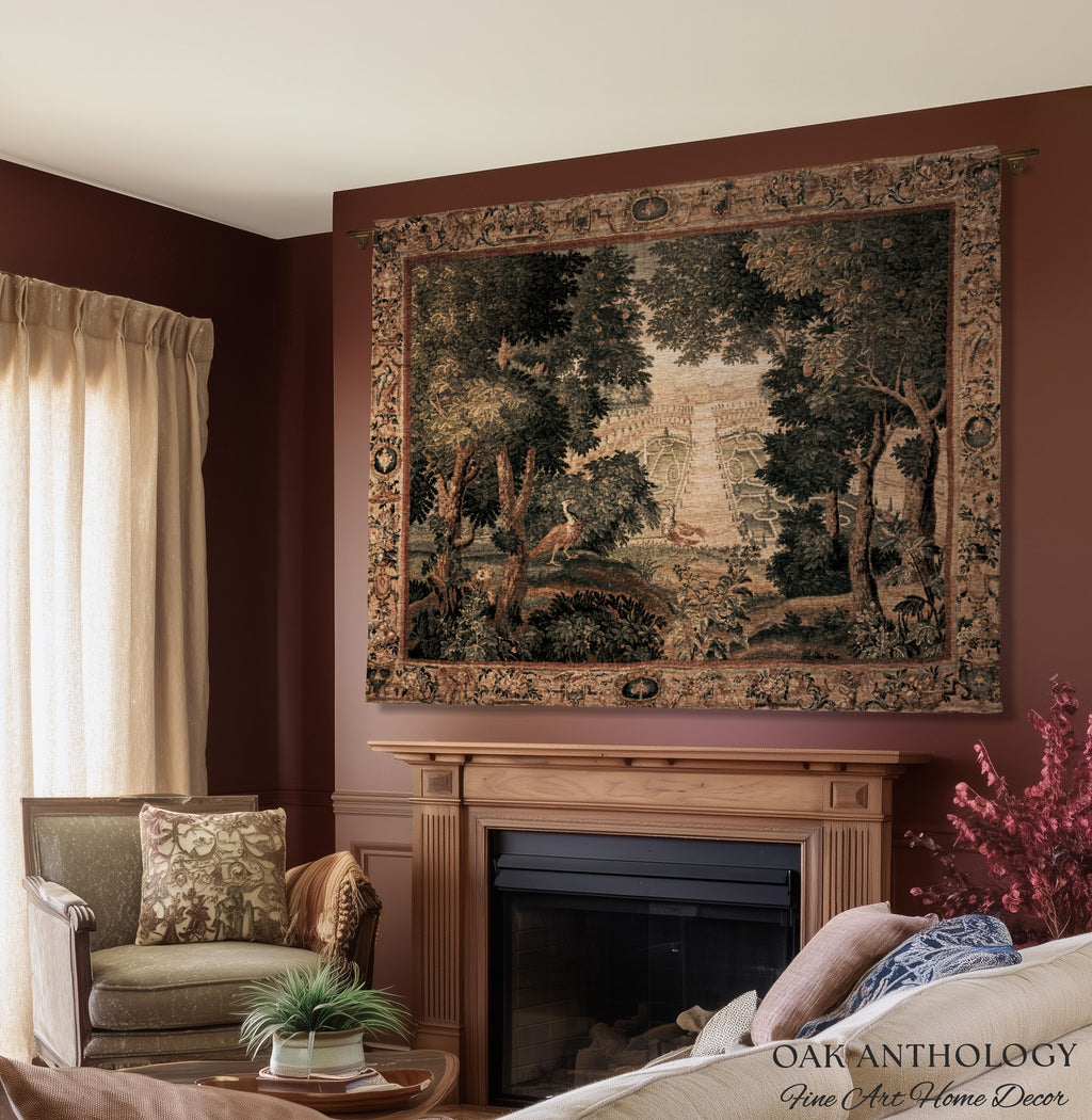 Heritage Parterre Artwork Elegant Tapestry, Old World European Villa Garden Woven Throw Blanket 18th Century Verdure Botanical Chateau Style