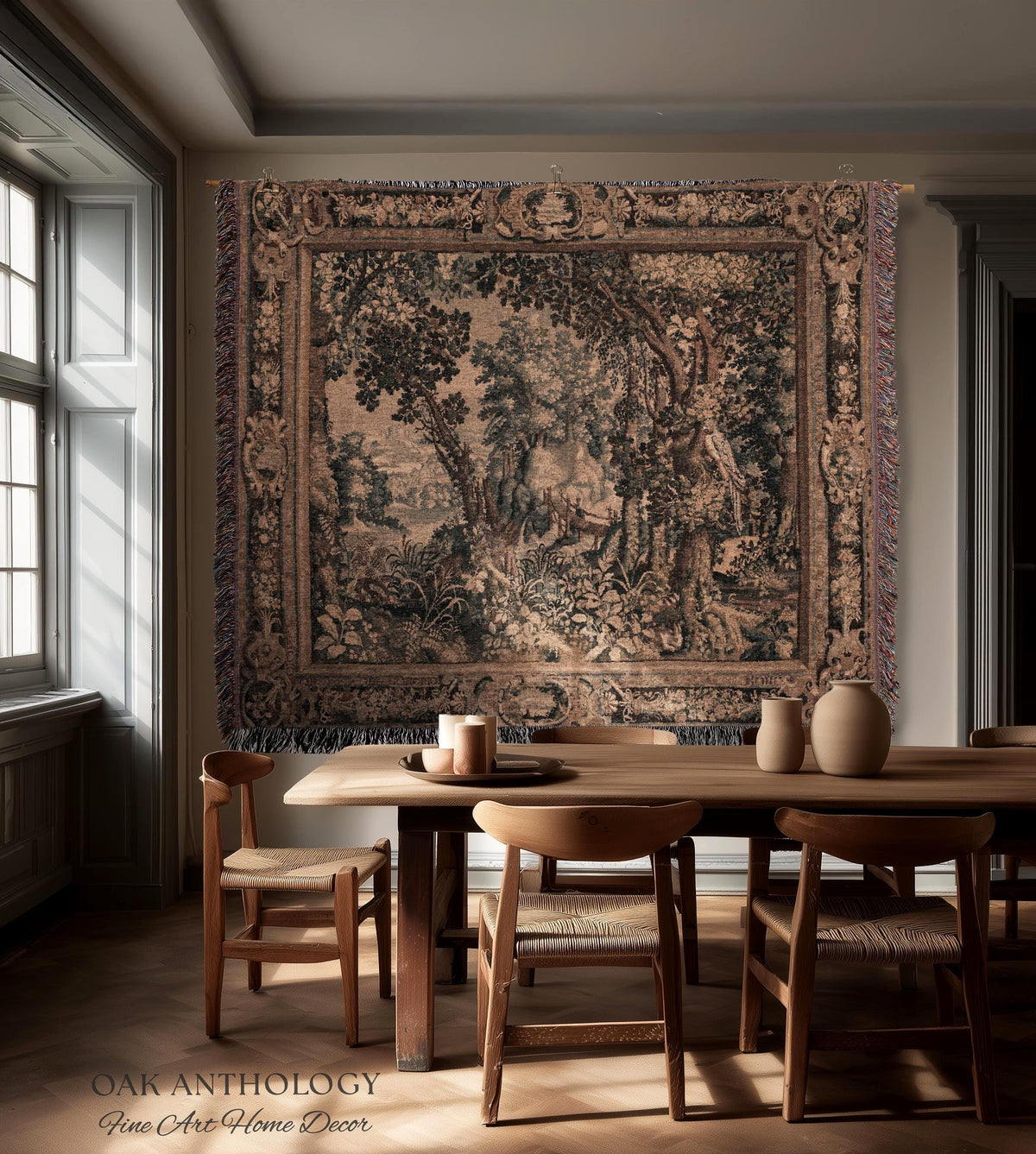 Scenic Woodland Verdure Pastoral Wall Tapestry | Old World Classics 17th Century European Forest Woven Jacquard Throw Blanket Wall Hanging