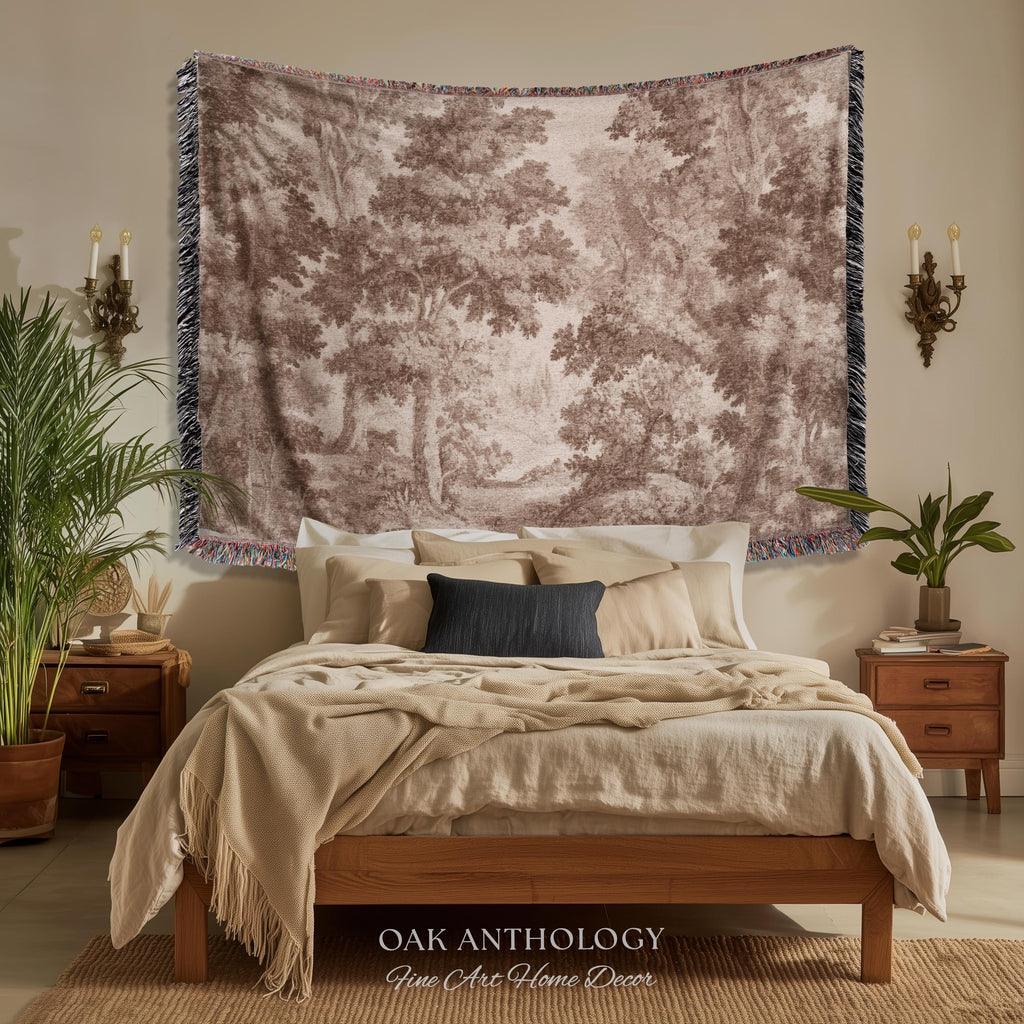Neutral Forest Art Tapestry Woven Sepia Trees Soft Nature Decor | Antique Landscape Misty Woodland Throw Blanket Traditional Wall Hanging