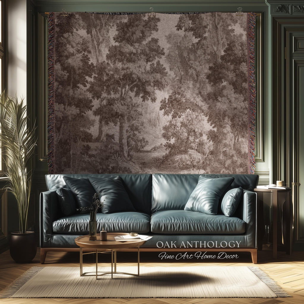 Neutral Forest Art Tapestry Woven Sepia Trees Soft Nature Decor | Antique Landscape Misty Woodland Throw Blanket Traditional Wall Hanging