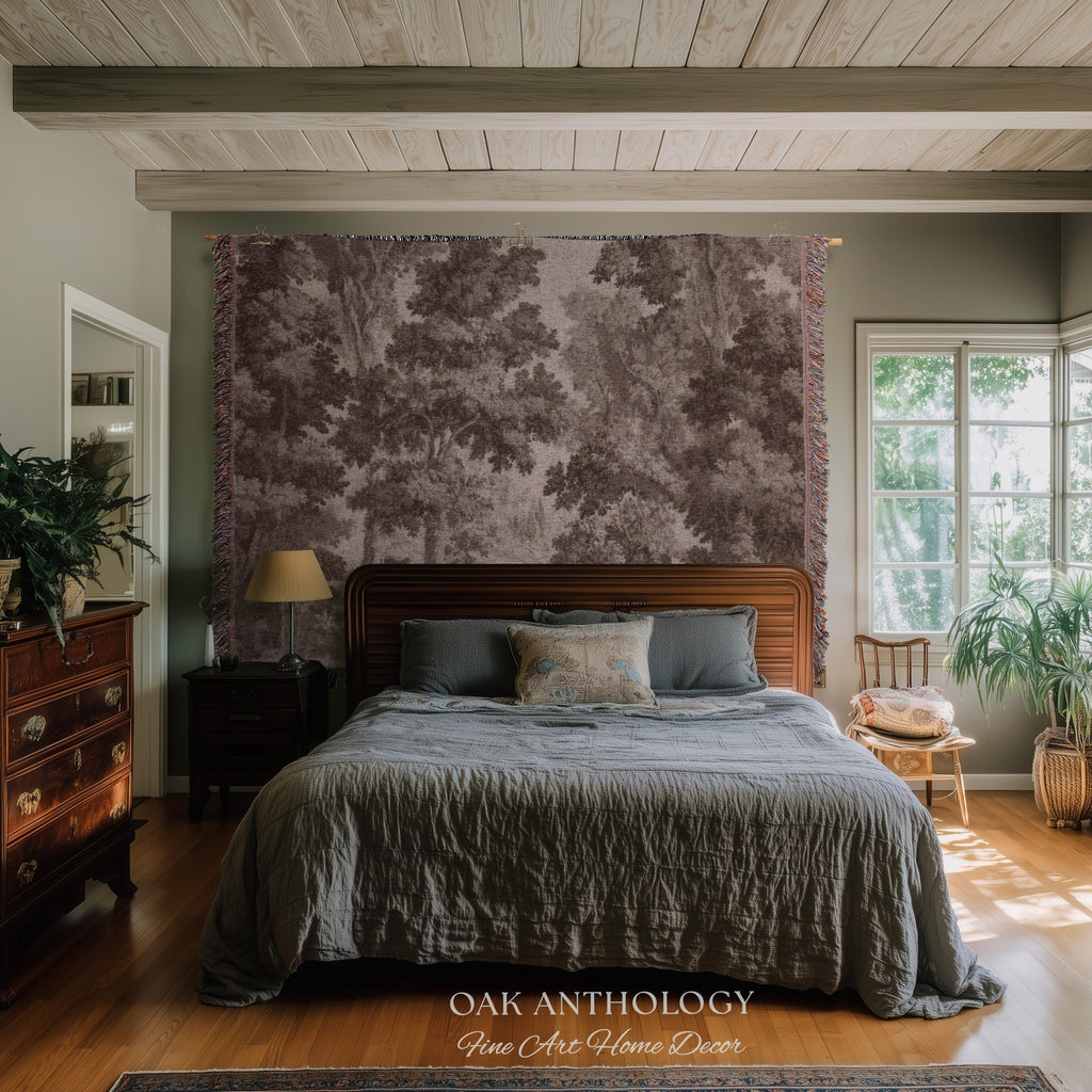 Neutral Forest Art Tapestry Woven Sepia Trees Soft Nature Decor | Antique Landscape Misty Woodland Throw Blanket Traditional Wall Hanging