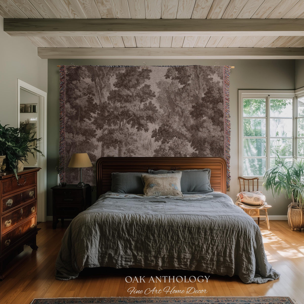 Neutral Forest Art Tapestry Woven Sepia Trees Soft Nature Decor | Antique Landscape Misty Woodland Throw Blanket Traditional Wall Hanging