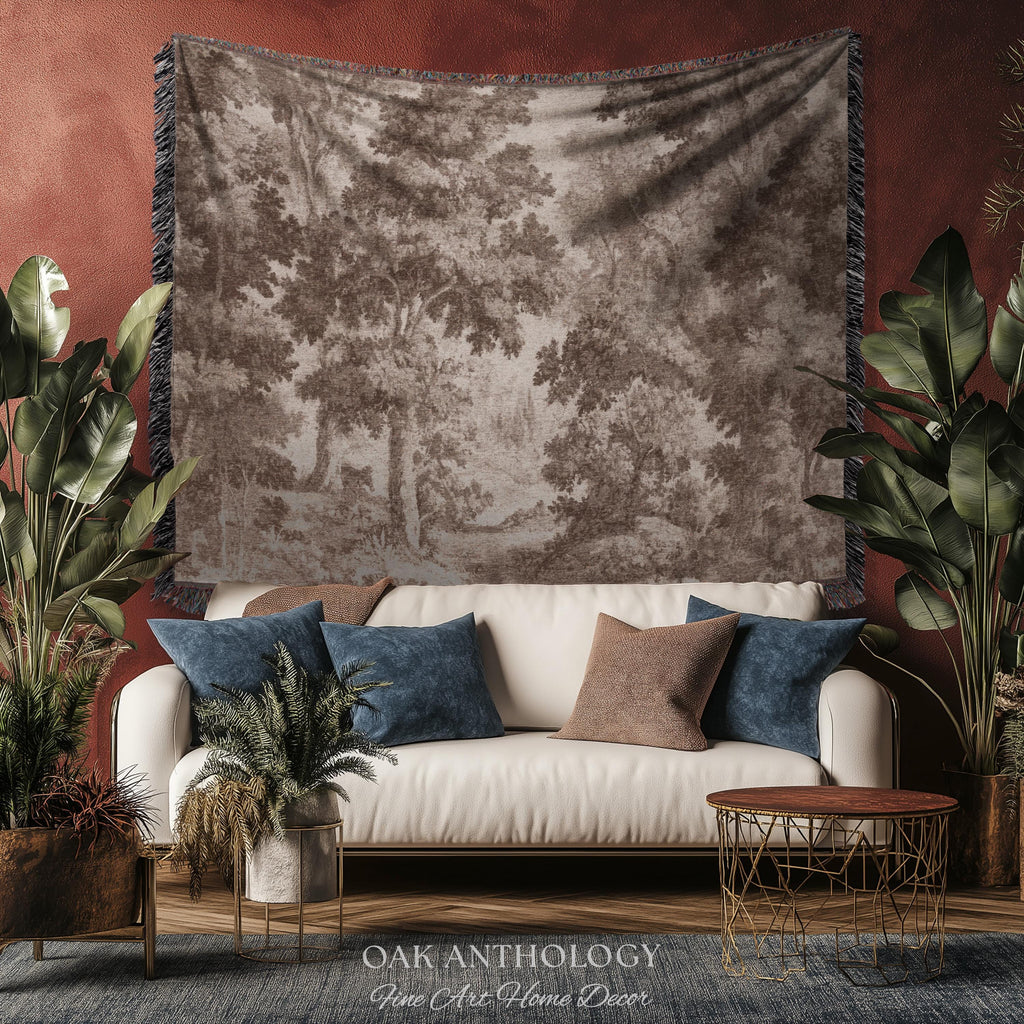 Neutral Forest Art Tapestry Woven Sepia Trees Soft Nature Decor | Antique Landscape Misty Woodland Throw Blanket Traditional Wall Hanging