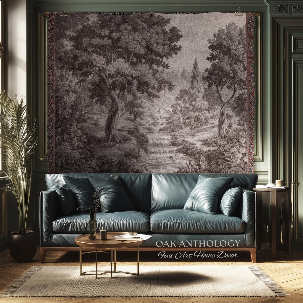 Classic Countryside Scenic Woodland Tapestry Woven Throw Muted Tone Sepia Wall Decor | Timeless Heirloom Neutral Landscape Soft Nature Art