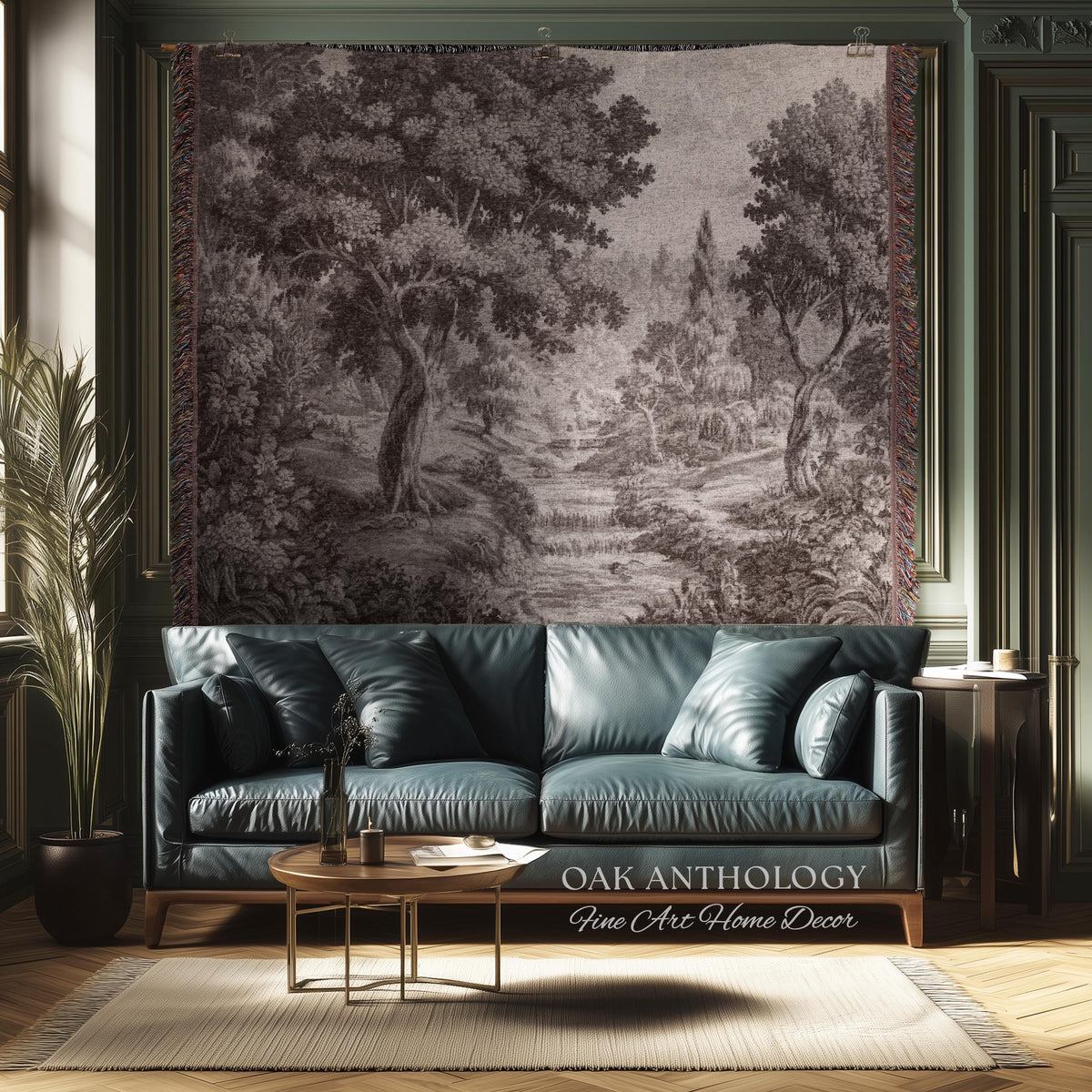 Classic Countryside Scenic Woodland Tapestry Woven Throw Muted Tone Sepia Wall Decor | Timeless Heirloom Neutral Landscape Soft Nature Art