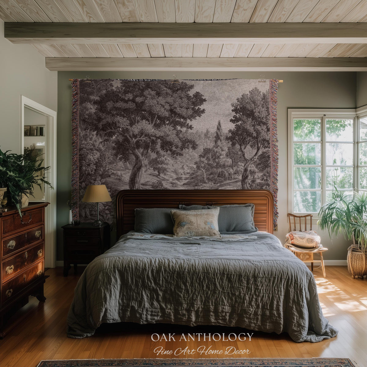 Classic Countryside Scenic Woodland Tapestry Woven Throw Muted Tone Sepia Wall Decor | Timeless Heirloom Neutral Landscape Soft Nature Art