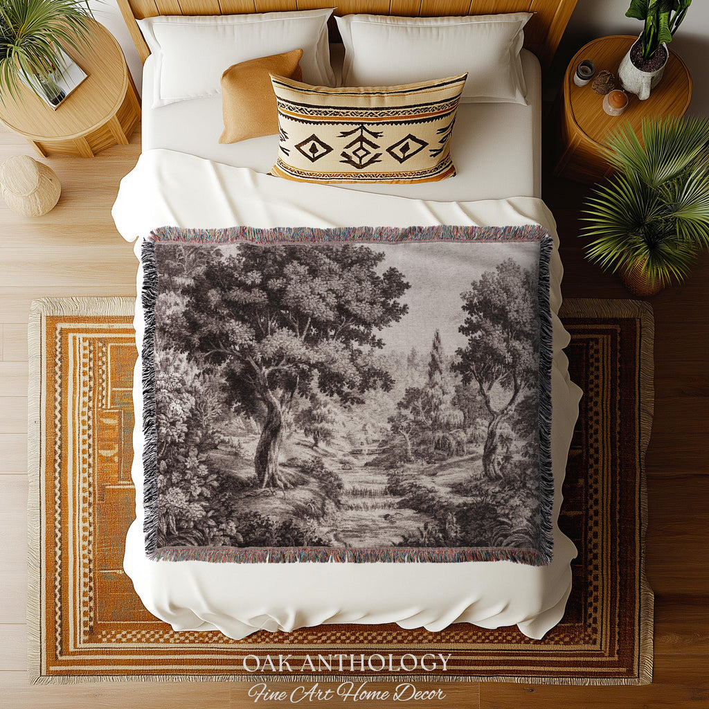Classic Countryside Scenic Woodland Tapestry Woven Throw Muted Tone Sepia Wall Decor | Timeless Heirloom Neutral Landscape Soft Nature Art