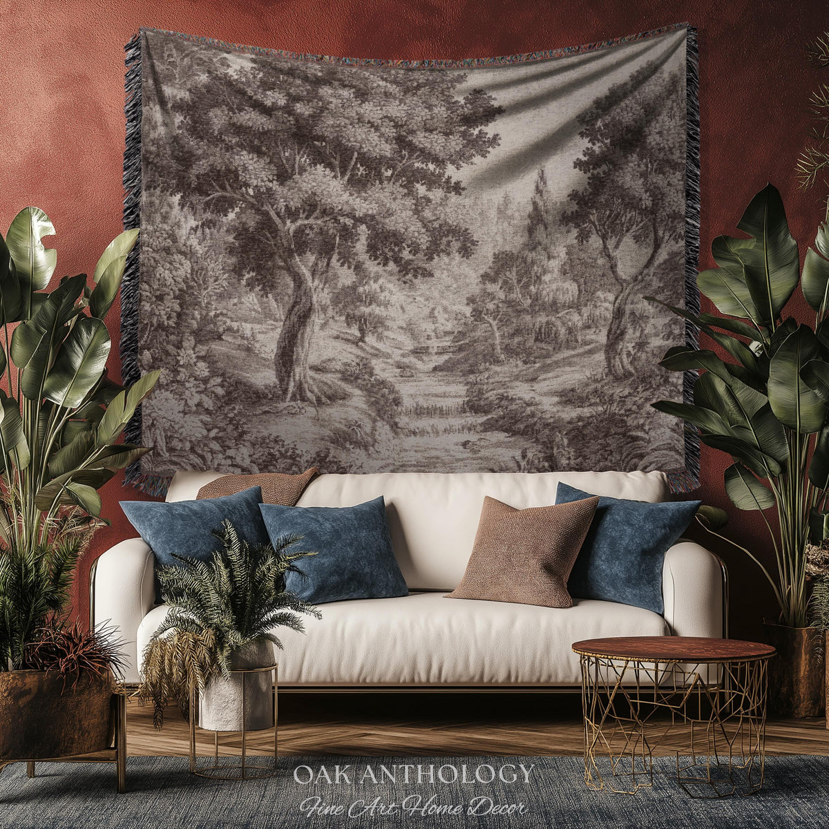 Classic Countryside Scenic Woodland Tapestry Woven Throw Muted Tone Sepia Wall Decor | Timeless Heirloom Neutral Landscape Soft Nature Art