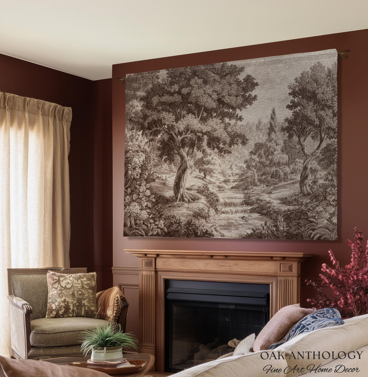 Classic Countryside Scenic Woodland Tapestry Woven Throw Muted Tone Sepia Wall Decor | Timeless Heirloom Neutral Landscape Soft Nature Art