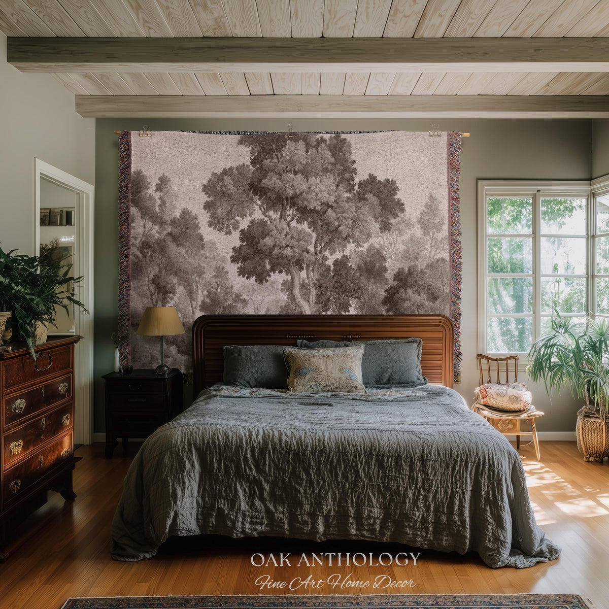 Old World Misty Woodland Tree Tapestry Heritage Nature Muted Wall Art | Neutral Foggy Forest Rustic Throw Vintage Woven Sepia Home Decor