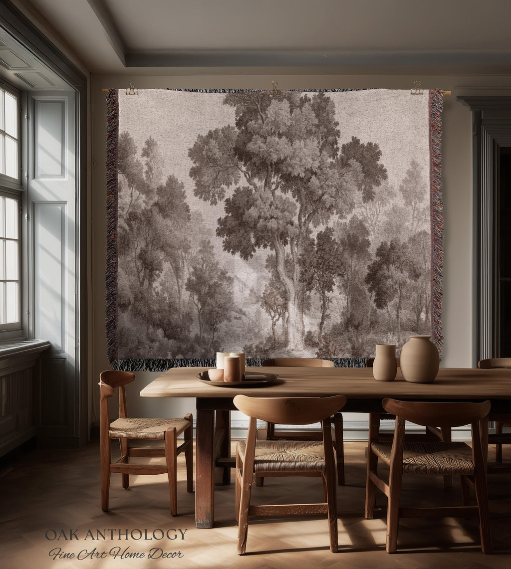 Old World Misty Woodland Tree Tapestry Heritage Nature Muted Wall Art | Neutral Foggy Forest Rustic Throw Vintage Woven Sepia Home Decor