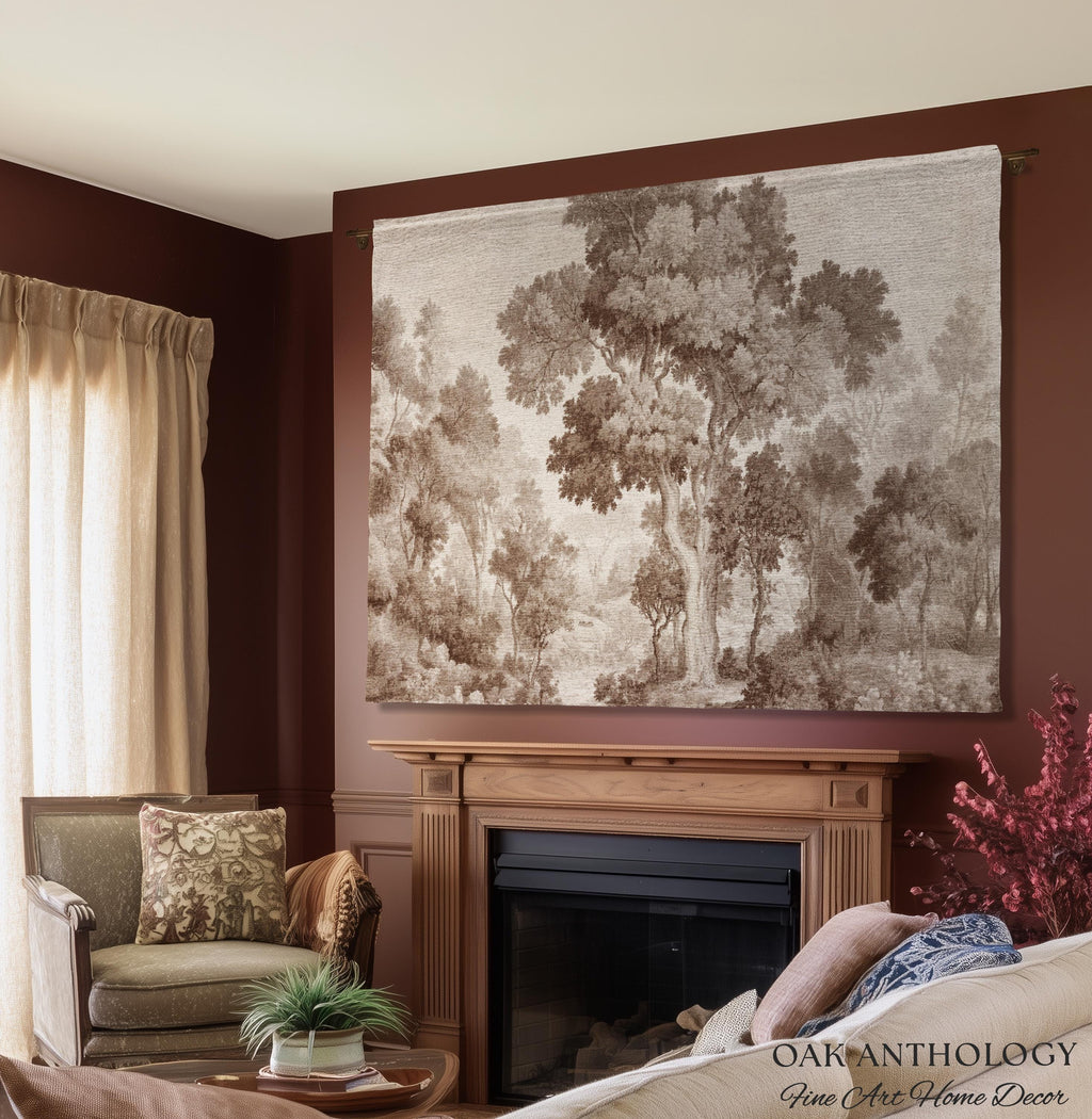 Old World Misty Woodland Tree Tapestry Heritage Nature Muted Wall Art | Neutral Foggy Forest Rustic Throw Vintage Woven Sepia Home Decor