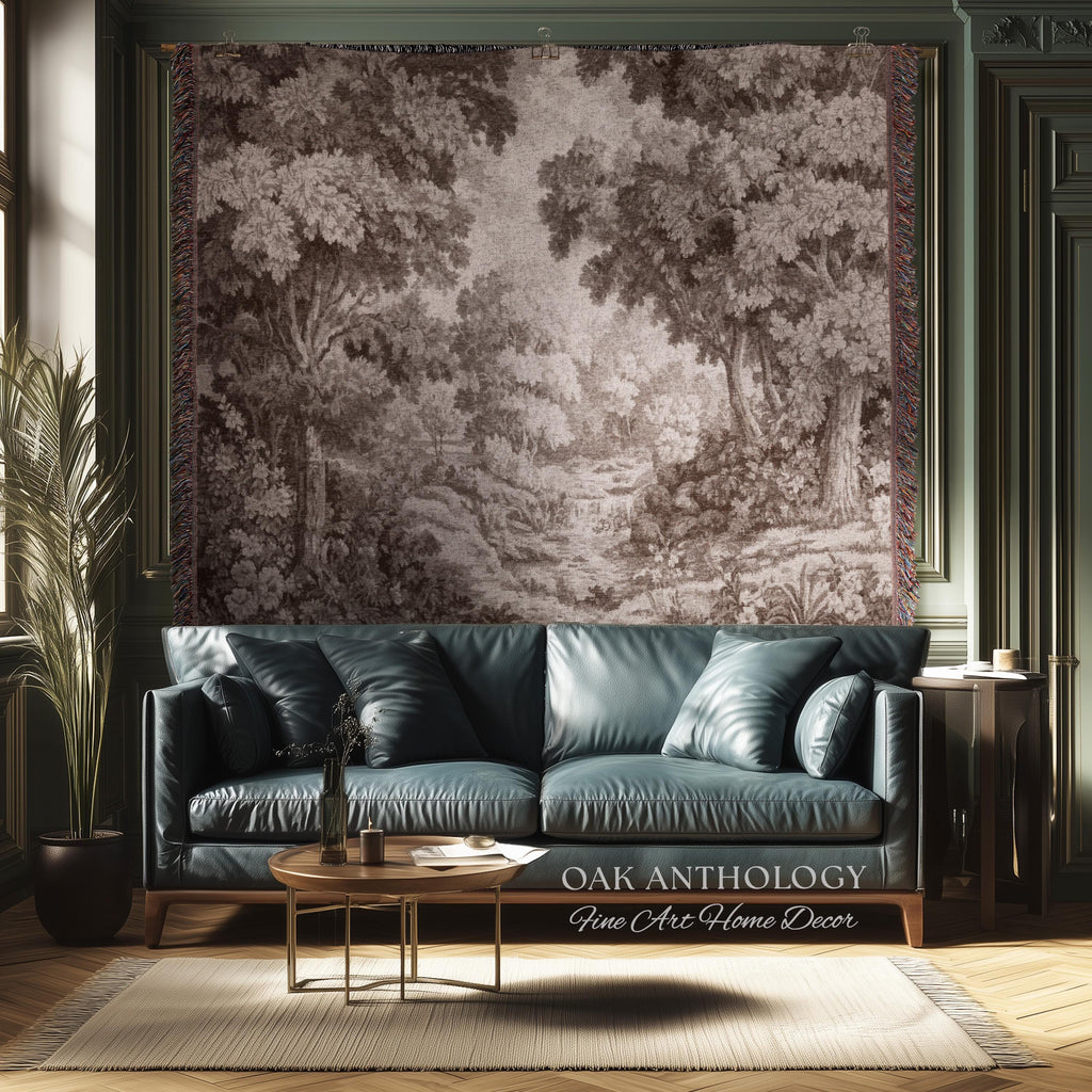 Elegant Rustic Woven Throw Tapestry Woodland River Tranquil Scene Sepia Landscape | Muted Tones Neutral Natural Art Soft Nature Wall Hanging