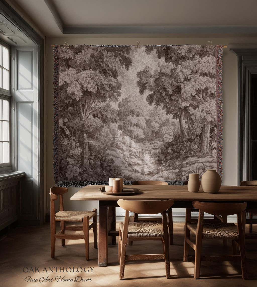 Elegant Rustic Woven Throw Tapestry Woodland River Tranquil Scene Sepia Landscape | Muted Tones Neutral Natural Art Soft Nature Wall Hanging