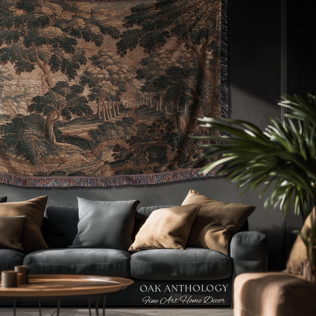 Romantic Old World Flemish Verdure Lush Forest Path Art Tapestry | Pastoral Woodland Wildlife Landscape Woven Wall Art Nature Scene Blanket