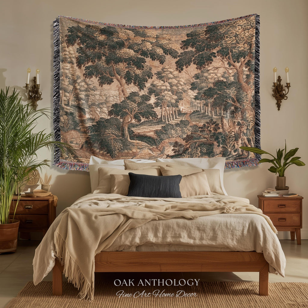 Romantic Old World Flemish Verdure Lush Forest Path Art Tapestry | Pastoral Woodland Wildlife Landscape Woven Wall Art Nature Scene Blanket
